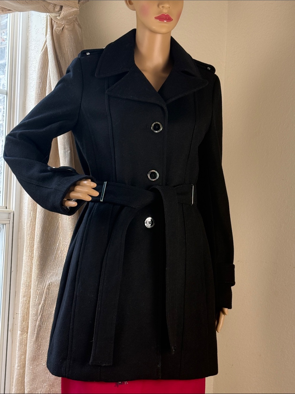 Calvin Klein Women’s Single- Breasted Belted Black Wool-Blend Coat